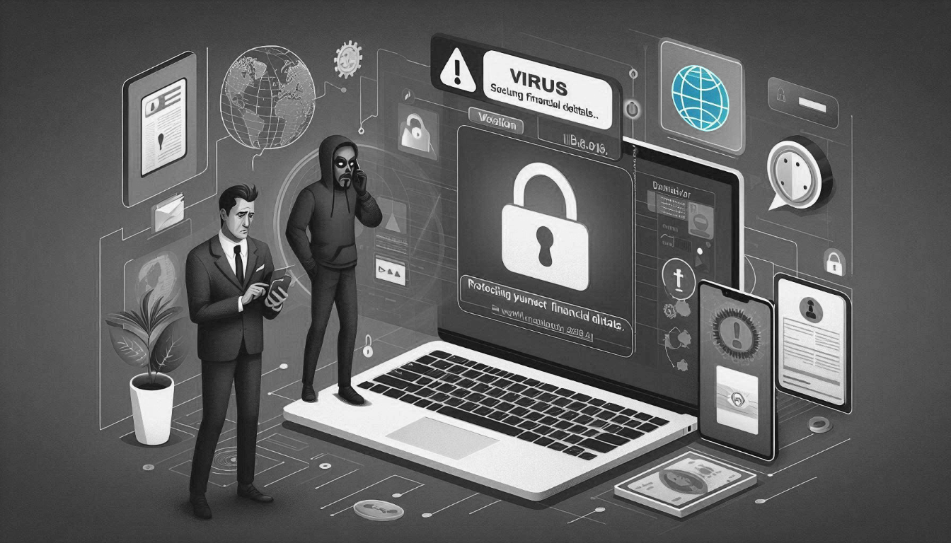 Monochrome illustration showing a businessman and a hacker near a laptop with a virus alert on screen. Various digital security icons and global connectivity symbols surround them. Monochrome illustration showing a businessman and a hacker near a laptop with a virus alert on screen. Various digital security icons and global connectivity symbols surround them.