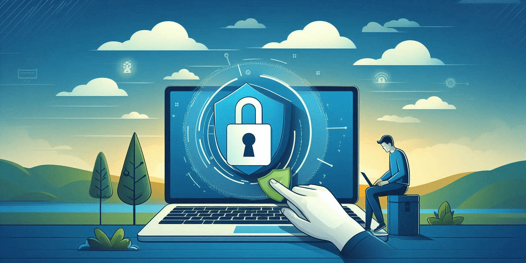 Illustration of a person using a laptop with a large lock icon on the screen, symbolizing cybersecurity. A hand holds a keycard towards the lock, with a landscape and clouds in the background. Illustration of a person using a laptop with a large lock icon on the screen, symbolizing cybersecurity. A hand holds a keycard towards the lock, with a landscape and clouds in the background.