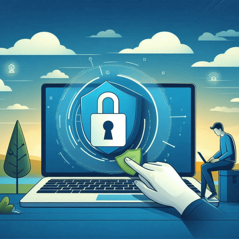 Illustration of a person using a laptop with a large lock icon on the screen, symbolizing cybersecurity. A hand holds a keycard towards the lock, with a landscape and clouds in the background. Illustration of a person using a laptop with a large lock icon on the screen, symbolizing cybersecurity. A hand holds a keycard towards the lock, with a landscape and clouds in the background.