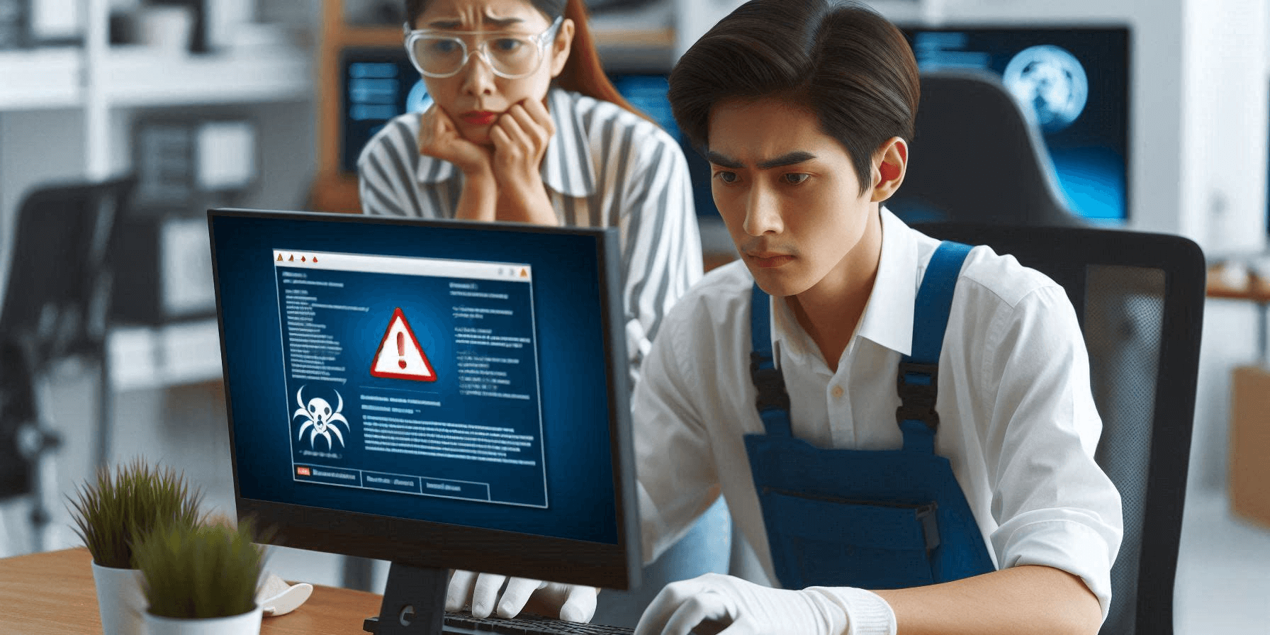 Two people look at a computer screen displaying a malware warning. The person in front is seated, typing with gloved hands, while the person behind stands with a concerned expression. Two people look at a computer screen displaying a malware warning. The person in front is seated, typing with gloved hands, while the person behind stands with a concerned expression.