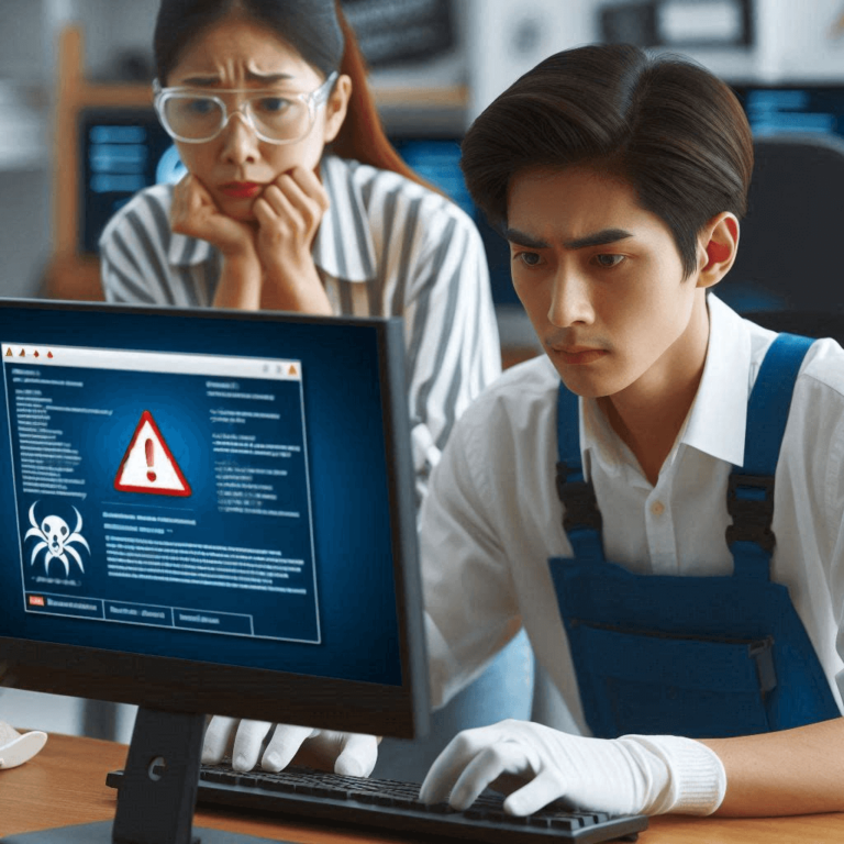 Two people look at a computer screen displaying a malware warning. The person in front is seated, typing with gloved hands, while the person behind stands with a concerned expression.