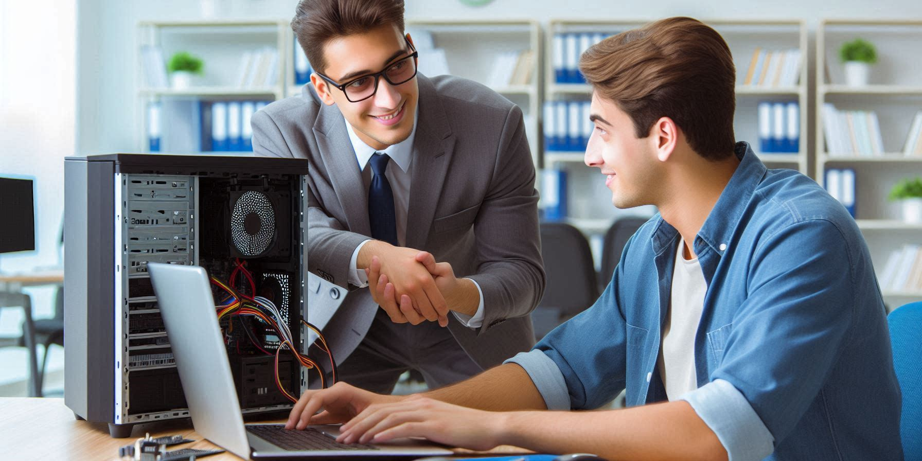 Two people in an office setting, one in a suit and the other in casual attire, shaking hands near a computer setup with visible cables. Two people in an office setting, one in a suit and the other in casual attire, shaking hands near a computer setup with visible cables.