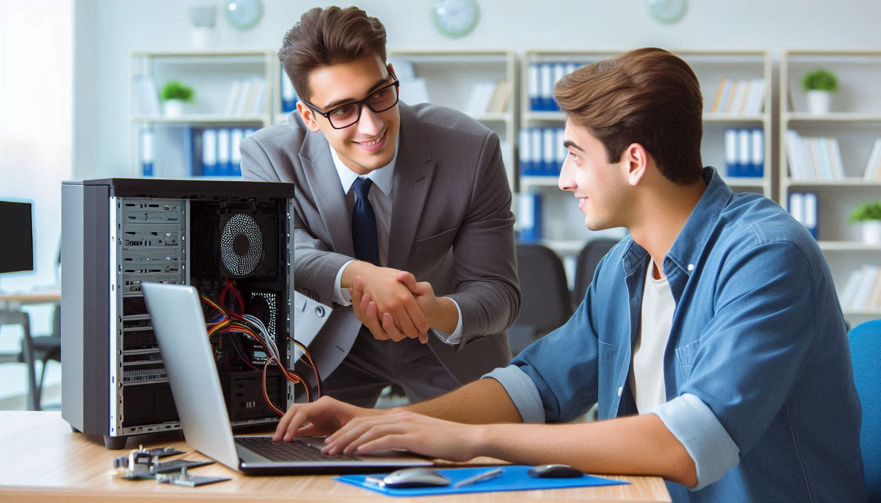 Two people in an office setting, one in a suit and the other in casual attire, shaking hands near a computer setup with visible cables. Two people in an office setting, one in a suit and the other in casual attire, shaking hands near a computer setup with visible cables.