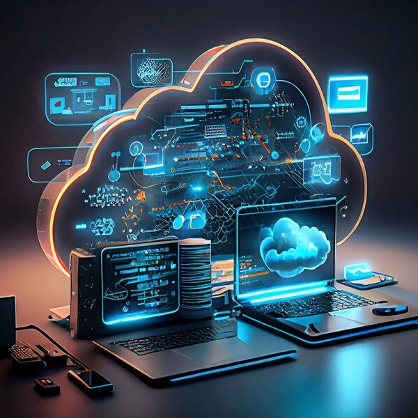 Illustration of cloud computing concepts. Multiple devices, including laptops and servers, are connected to a digital cloud, with various data and application icons displayed, symbolizing cloud storage.