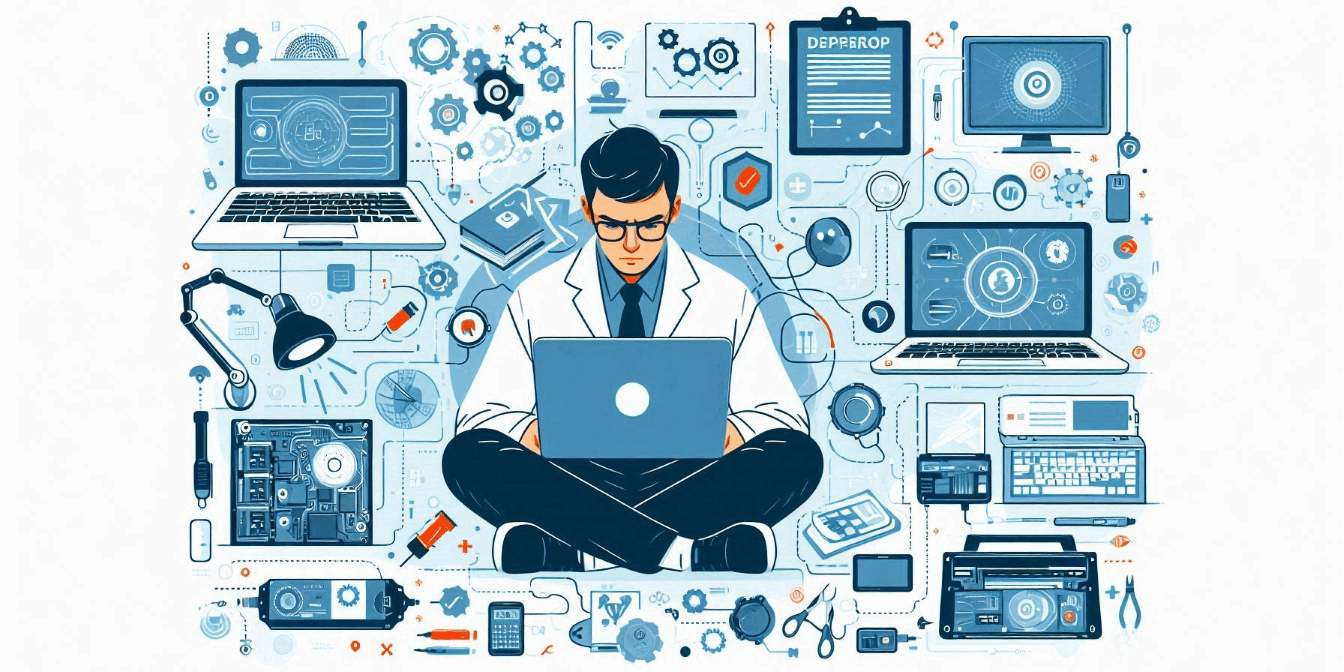 A person in a lab coat works on a laptop surrounded by various technological devices, gears, and files, indicating a focus on research and technology. A person in a lab coat works on a laptop surrounded by various technological devices, gears, and files, indicating a focus on research and technology.