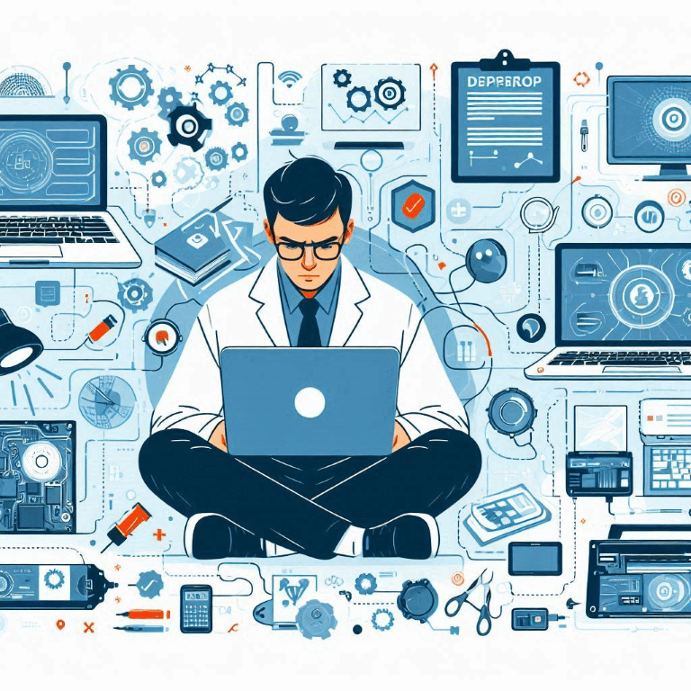 A person in a lab coat works on a laptop surrounded by various technological devices, gears, and files, indicating a focus on research and technology.