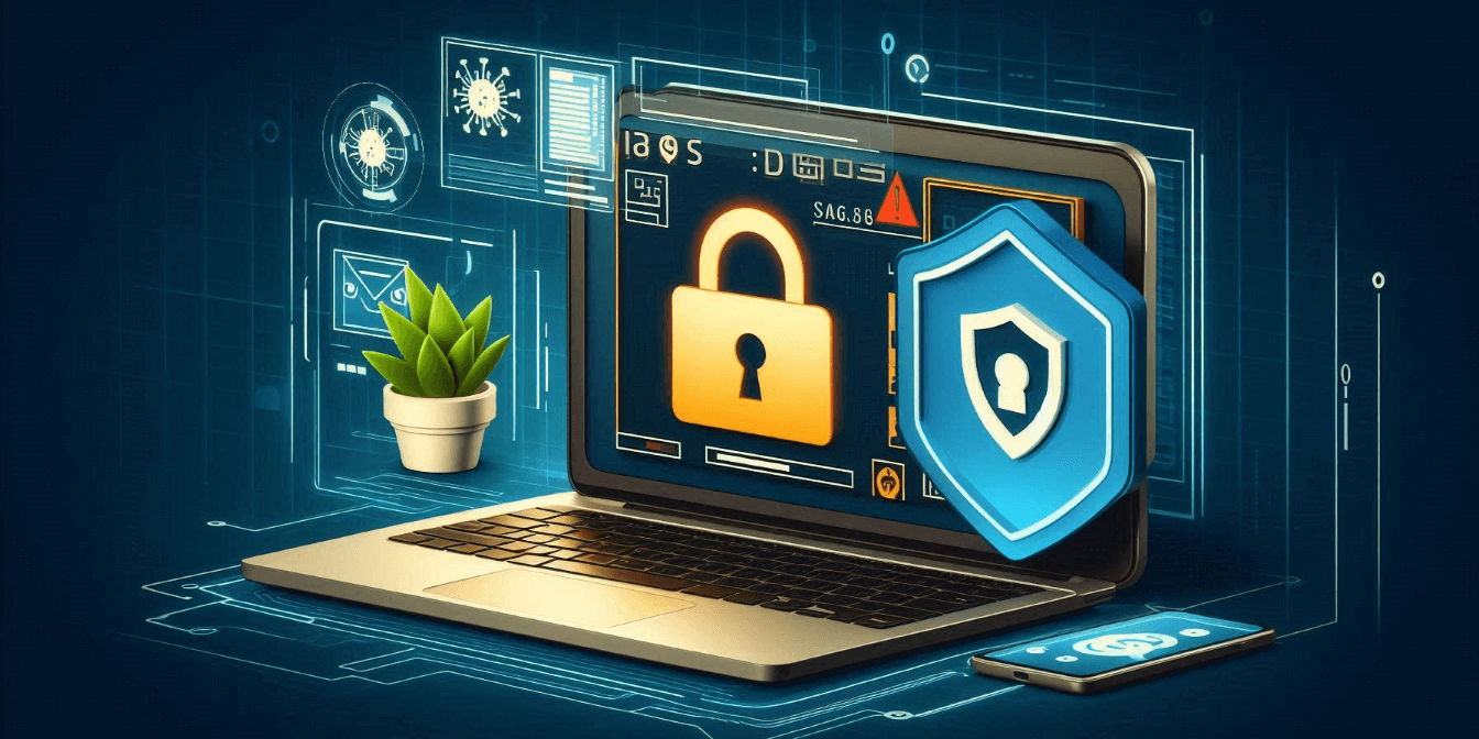 A laptop displays cybersecurity icons of a lock and shield, indicating security measures. Nearby are a smartphone with a security emblem and a small plant. Digital symbols surround the devices.