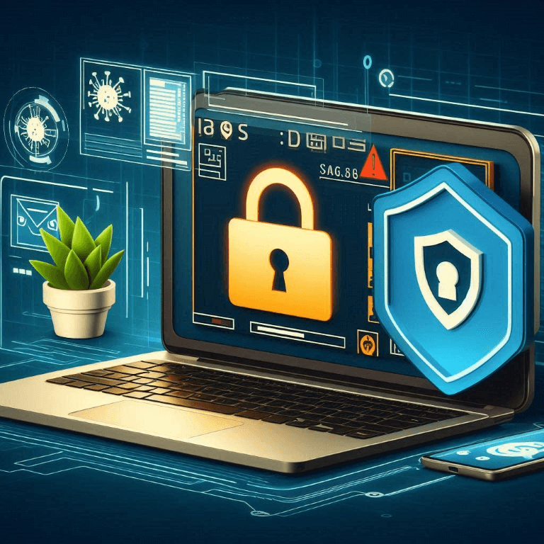 A laptop displays cybersecurity icons of a lock and shield, indicating security measures. Nearby are a smartphone with a security emblem and a small plant. Digital symbols surround the devices. A laptop displays cybersecurity icons of a lock and shield, indicating security measures. Nearby are a smartphone with a security emblem and a small plant. Digital symbols surround the devices.