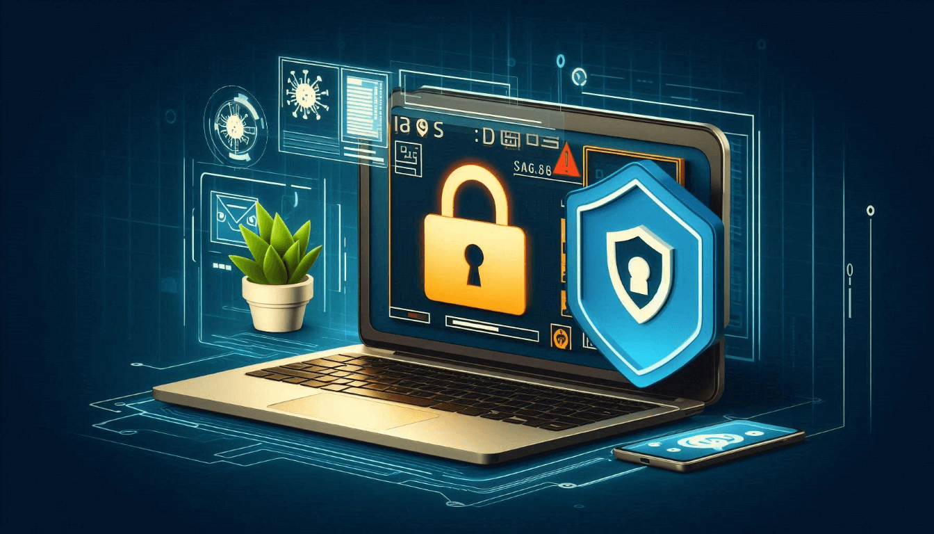 A laptop displays cybersecurity icons of a lock and shield, indicating security measures. Nearby are a smartphone with a security emblem and a small plant. Digital symbols surround the devices. A laptop displays cybersecurity icons of a lock and shield, indicating security measures. Nearby are a smartphone with a security emblem and a small plant. Digital symbols surround the devices.
