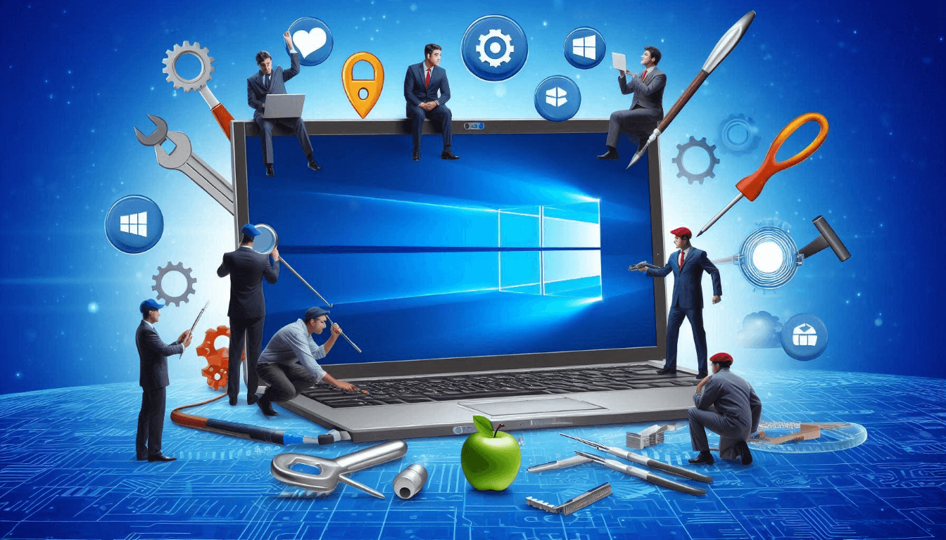 Illustration of tiny people in business suits fixing and maintaining a giant laptop surrounded by various tool icons and gears, depicting computer maintenance and repair. Illustration of tiny people in business suits fixing and maintaining a giant laptop surrounded by various tool icons and gears, depicting computer maintenance and repair.