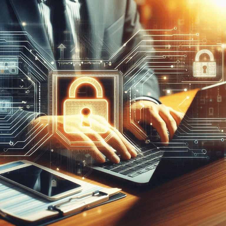 A person types on a laptop with digital padlock graphics overlayed, representing cybersecurity. A person types on a laptop with digital padlock graphics overlayed, representing cybersecurity.