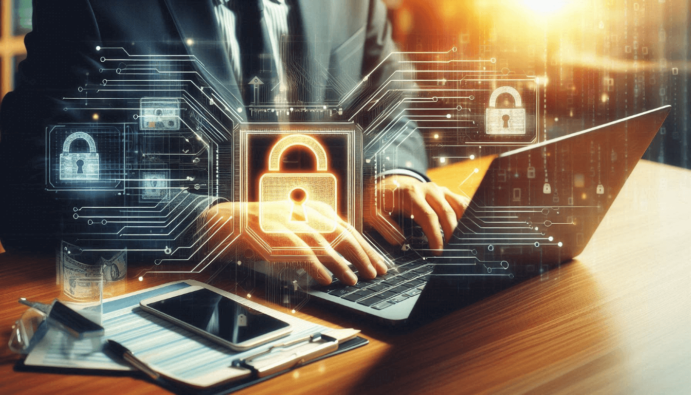 A person types on a laptop with digital padlock graphics overlayed, representing cybersecurity. A person types on a laptop with digital padlock graphics overlayed, representing cybersecurity.