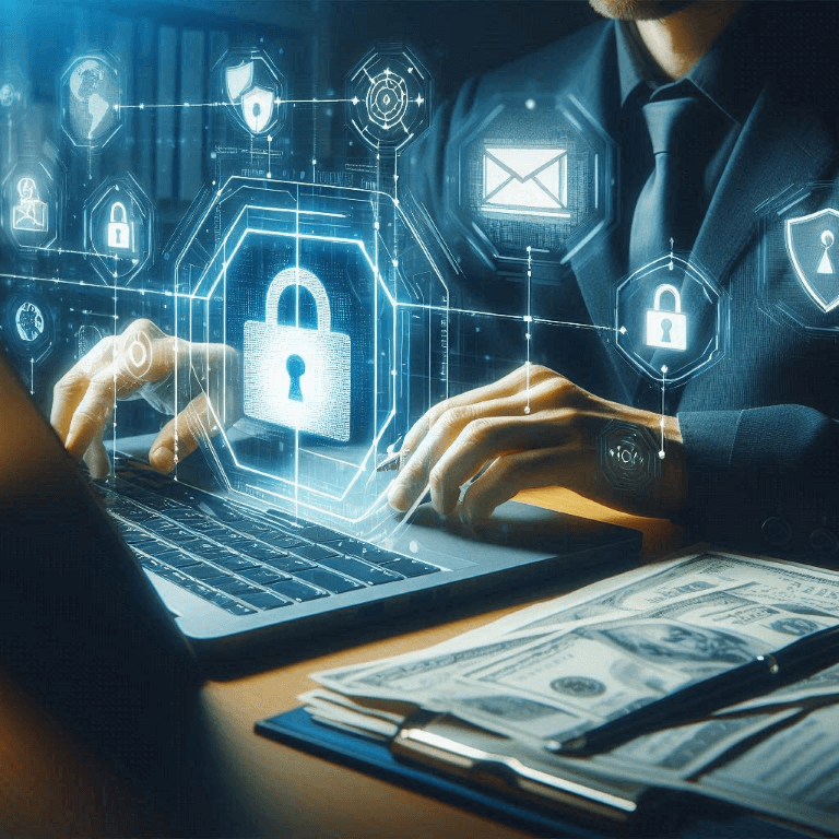 Person typing on a laptop with floating security icons around, accompanied by cash, a smartphone, and a pen on the desk, indicating a focus on cybersecurity and secure financial transactions. Person typing on a laptop with floating security icons around, accompanied by cash, a smartphone, and a pen on the desk, indicating a focus on cybersecurity and secure financial transactions.