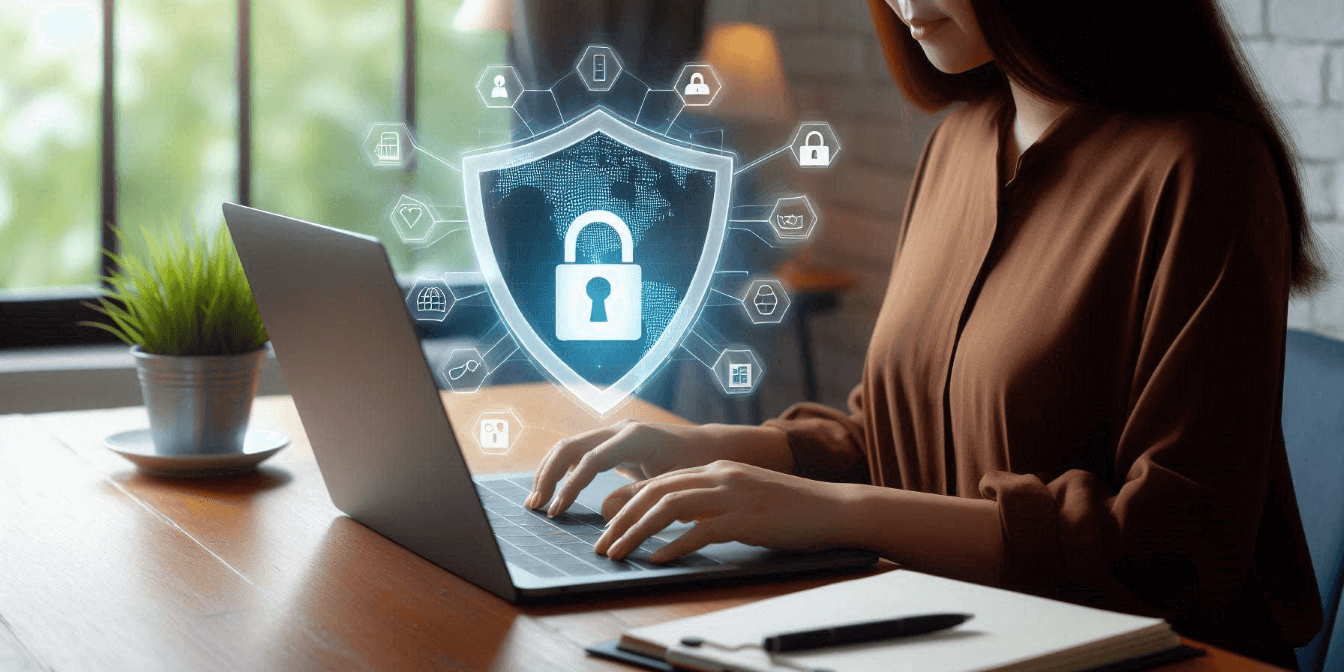A person works on a laptop at a desk with a notebook and plant. A digital shield with a padlock symbol appears, representing cybersecurity and data protection. A person works on a laptop at a desk with a notebook and plant. A digital shield with a padlock symbol appears, representing cybersecurity and data protection.