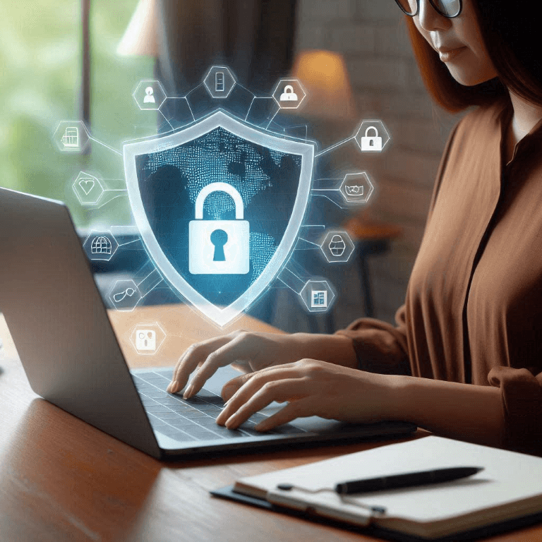 A person works on a laptop at a desk with a notebook and plant. A digital shield with a padlock symbol appears, representing cybersecurity and data protection. A person works on a laptop at a desk with a notebook and plant. A digital shield with a padlock symbol appears, representing cybersecurity and data protection.