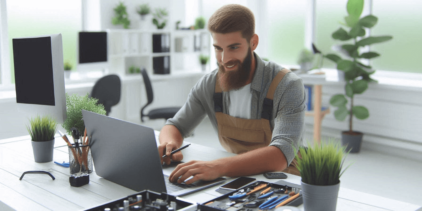 A man with a beard, wearing an apron, works on a laptop in a bright office. Various tools and electronic components are spread out on the desk in front of him. A man with a beard, wearing an apron, works on a laptop in a bright office. Various tools and electronic components are spread out on the desk in front of him.