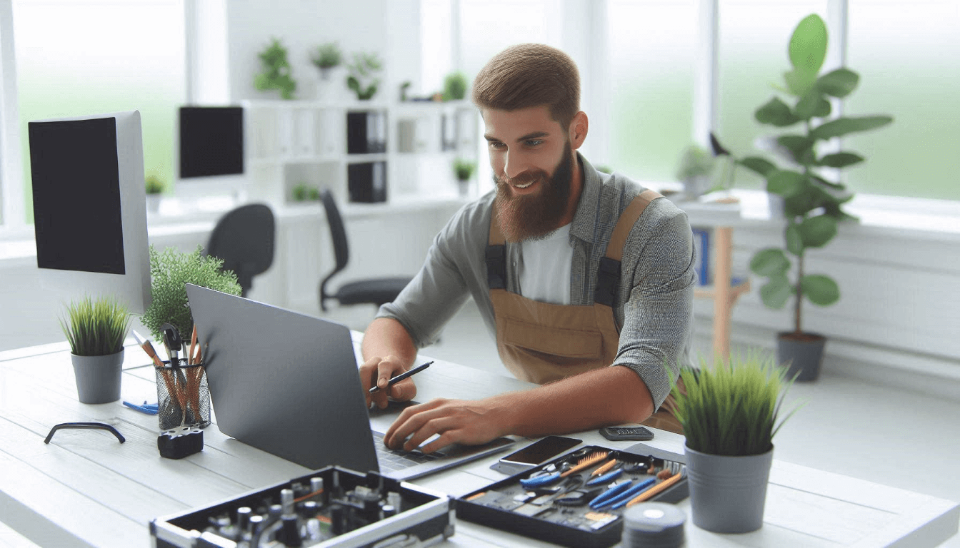 A man with a beard, wearing an apron, works on a laptop in a bright office. Various tools and electronic components are spread out on the desk in front of him. A man with a beard, wearing an apron, works on a laptop in a bright office. Various tools and electronic components are spread out on the desk in front of him.