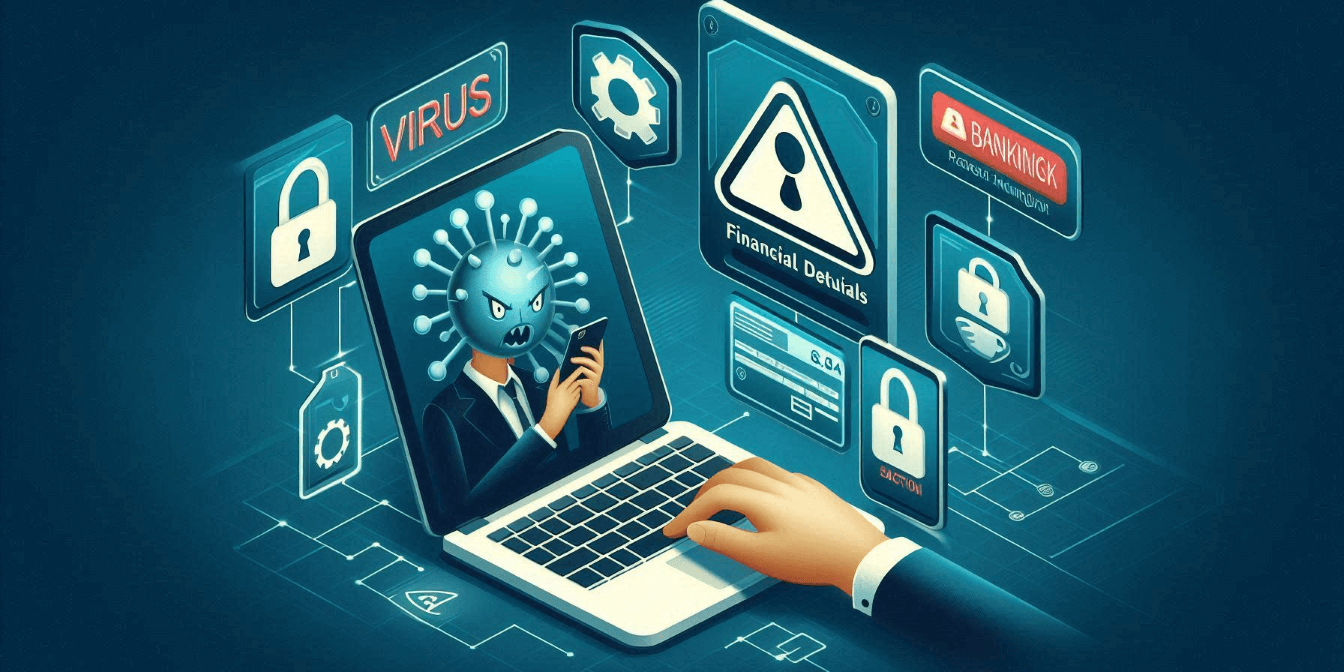 Illustration of a person using a laptop with icons of virus warnings, locks, and financial alerts surrounding it. A figure with a virus-like head is displayed on the laptop screen.