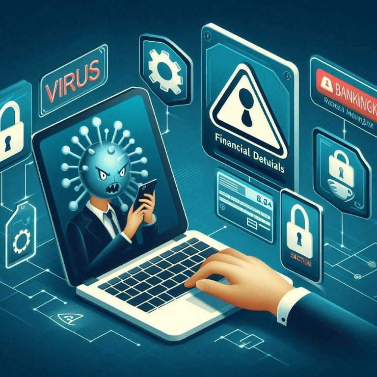 Illustration of a person using a laptop with icons of virus warnings, locks, and financial alerts surrounding it. A figure with a virus-like head is displayed on the laptop screen.