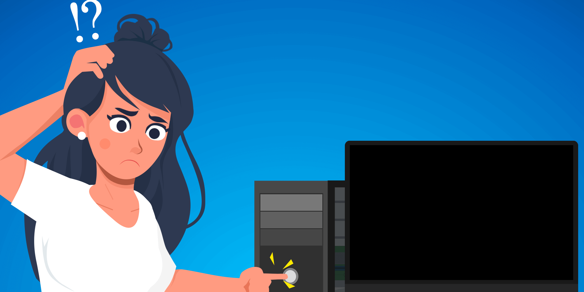 Illustration of a confused woman scratching her head while pressing the power button on a desktop computer with a blank screen.