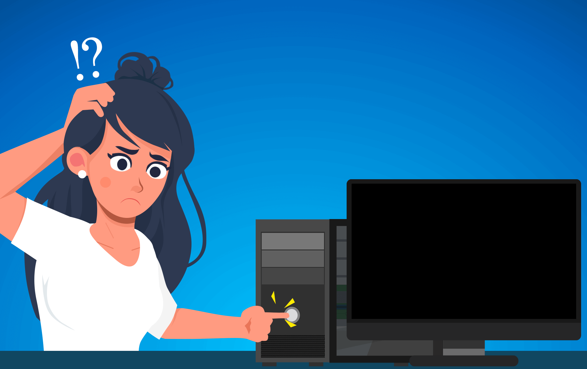 Illustration of a confused woman scratching her head while pressing the power button on a desktop computer with a blank screen. Illustration of a confused woman scratching her head while pressing the power button on a desktop computer with a blank screen.