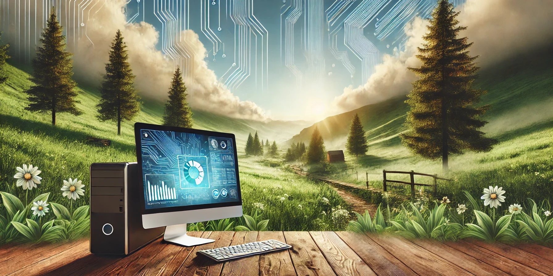 A computer sits on a wooden table in a scenic countryside landscape with green hills, trees, and a clear blue sky. Digital circuit patterns are overlayed in the sky, merging technology and nature. A computer sits on a wooden table in a scenic countryside landscape with green hills, trees, and a clear blue sky. Digital circuit patterns are overlayed in the sky, merging technology and nature.