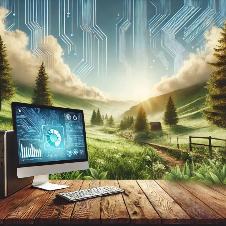 A computer sits on a wooden table in a scenic countryside landscape with green hills, trees, and a clear blue sky. Digital circuit patterns are overlayed in the sky, merging technology and nature.