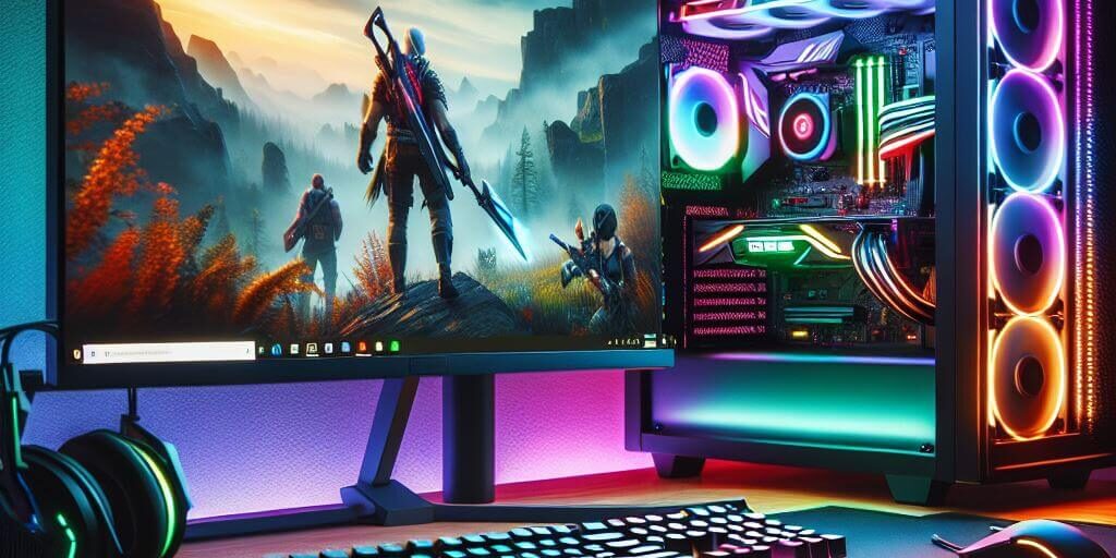 A gaming setup featuring a desktop computer with colorful LED lights, a monitor displaying a game, a keyboard, a mouse, and headphones, all illuminated by ambient lighting. A gaming setup featuring a desktop computer with colorful LED lights, a monitor displaying a game, a keyboard, a mouse, and headphones, all illuminated by ambient lighting.