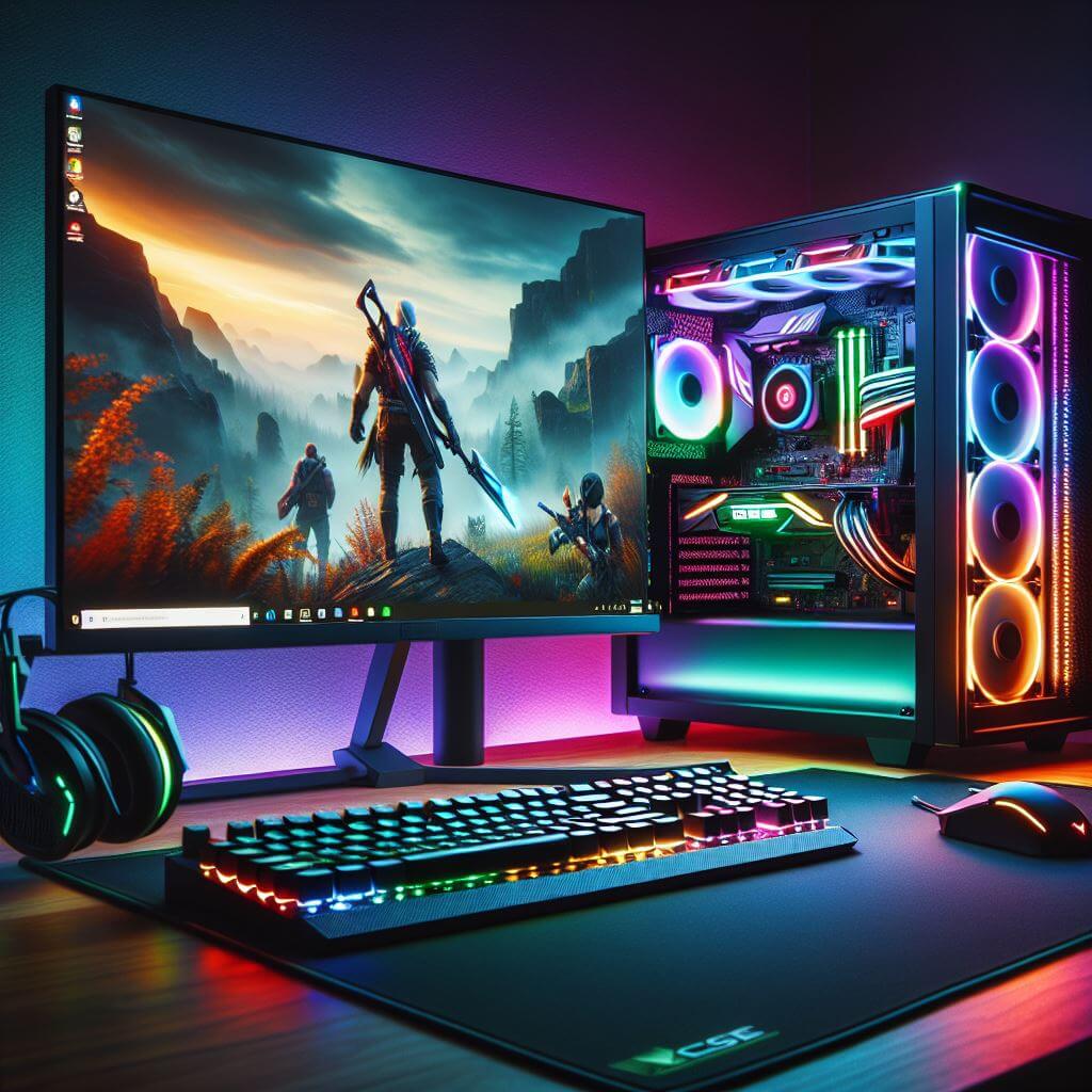 A gaming setup featuring a desktop computer with colorful LED lights, a monitor displaying a game, a keyboard, a mouse, and headphones, all illuminated by ambient lighting. A gaming setup featuring a desktop computer with colorful LED lights, a monitor displaying a game, a keyboard, a mouse, and headphones, all illuminated by ambient lighting.