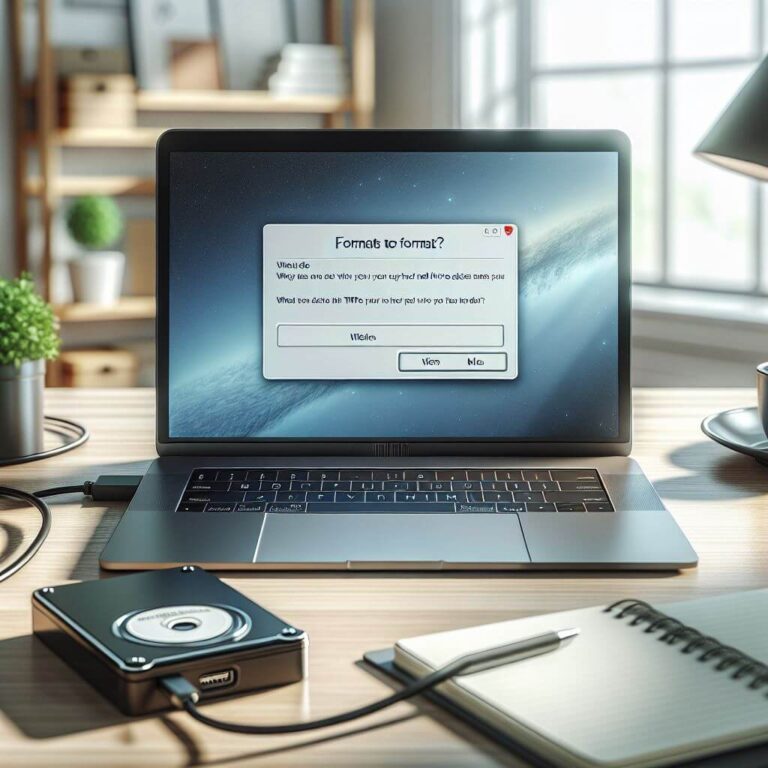 A laptop displaying a disk formatting prompt on the screen, with a connected external hard drive and a notebook on the desk. A laptop displaying a disk formatting prompt on the screen, with a connected external hard drive and a notebook on the desk.
