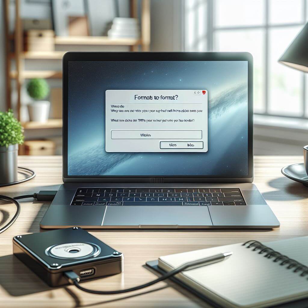 A laptop displaying a disk formatting prompt on the screen, with a connected external hard drive and a notebook on the desk. A laptop displaying a disk formatting prompt on the screen, with a connected external hard drive and a notebook on the desk.