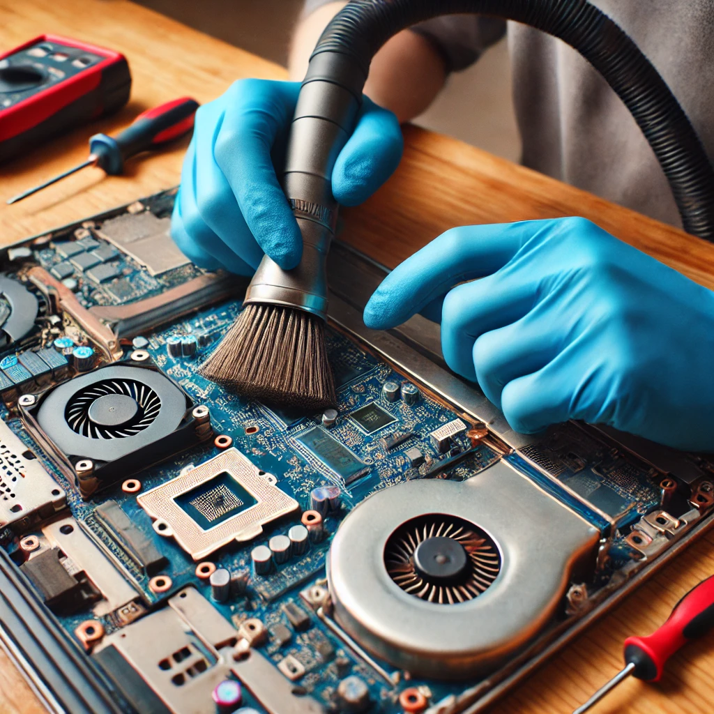 Person wearing blue gloves uses a brush and vacuum to clean a computer motherboard. Nearby are a multimeter and screwdrivers. Person wearing blue gloves uses a brush and vacuum to clean a computer motherboard. Nearby are a multimeter and screwdrivers.