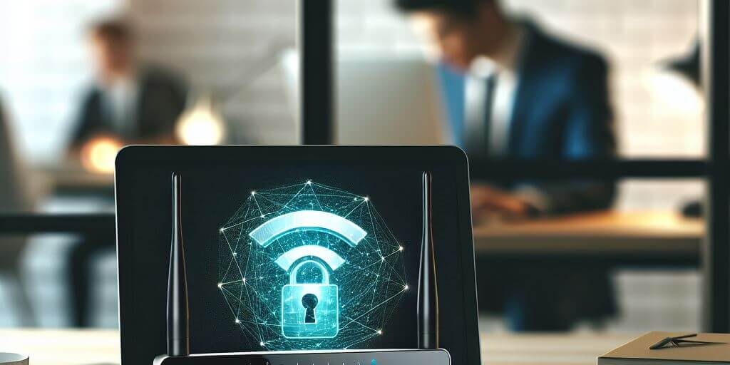 A laptop on a desk displays a security icon over a Wi-Fi symbol. Two people work in the background. A laptop on a desk displays a security icon over a Wi-Fi symbol. Two people work in the background.