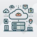 Illustration of cloud computing with icons for data storage, email, calendar, server, and synchronization linked to a central cloud symbol, capturing the essence of Business IT Solutions Perth.