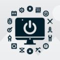 A computer monitor with a power symbol surrounded by various technology and tool icons on a light background, reflecting the expertise of Desktop Repair Perth's team.