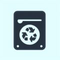 Icon of a rectangular hard drive with a recycling symbol in the center, representing efficient hard drive recovery services.