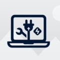 Icon of a laptop with a wrench, plug, and lightning bolt symbols on the screen, perfectly symbolizing computer repairs. This image speaks to those seeking IT support Perth services for technology repair and power solutions.