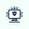 Icon of a computer monitor with a shield symbol on the screen, indicating cybersecurity.