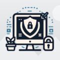 Illustration of a computer monitor displaying a shield with a lock, symbolizing cybersecurity, reflecting Smart Home IT Solutions Perth. A potted plant is on the side, and a large padlock icon is placed nearby.