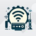 Illustration of a Wi-Fi symbol overlaid on a gear, flanked by a wireless router and tower, epitomizing Smart Home IT Solutions Perth.