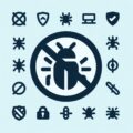 Symbols depicting software bugs and protection icons, with a central bug crossed out, illustrate cybersecurity solutions in Perth, emphasizing robust antivirus and security measures.