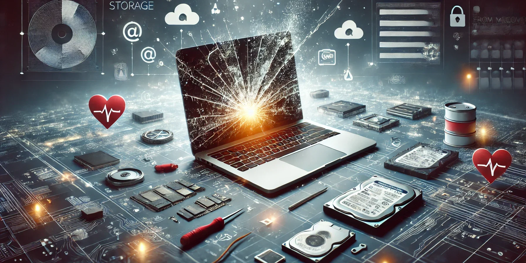 DALL·E 2024-12-25 13.26.53 – A professional and informative image illustrating the theme of ‘Recovering Data from Damaged MacBook’. The image shows a damaged MacBook with a cracke