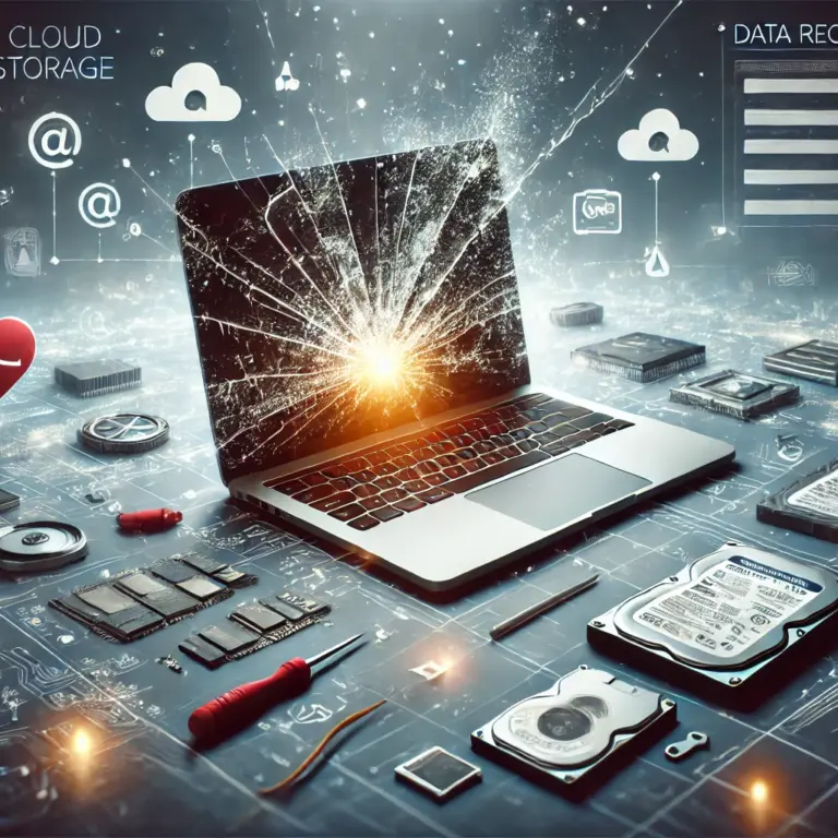 DALL·E 2024-12-25 13.26.53 – A professional and informative image illustrating the theme of ‘Recovering Data from Damaged MacBook’. The image shows a damaged MacBook with a cracke