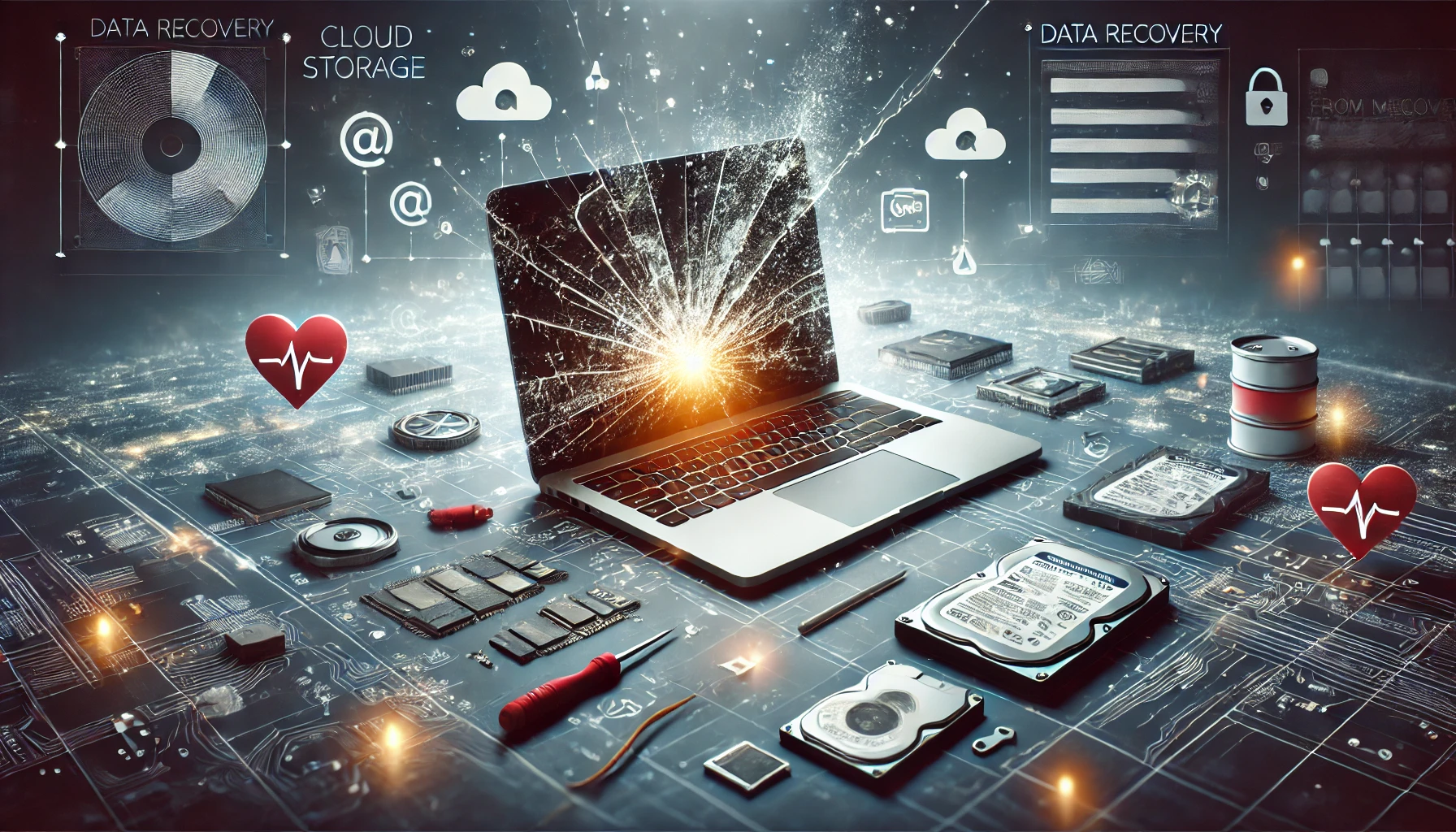 DALL·E 2024-12-25 13.26.53 – A professional and informative image illustrating the theme of ‘Recovering Data from Damaged MacBook’. The image shows a damaged MacBook with a cracke