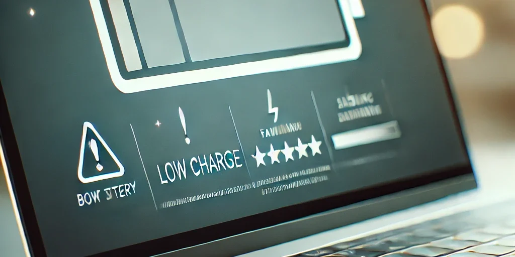 DALL·E 2024-12-27 12.00.14 – A close-up image of a laptop with a visible battery icon showing a low charge, and a warning symbol indicating a failing battery. The laptop is on a d