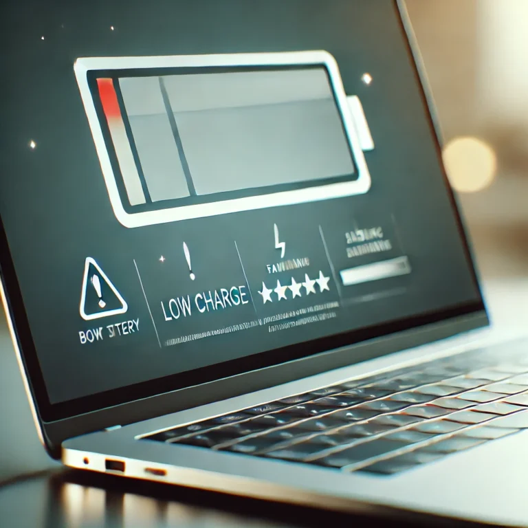 DALL·E 2024-12-27 12.00.14 – A close-up image of a laptop with a visible battery icon showing a low charge, and a warning symbol indicating a failing battery. The laptop is on a d