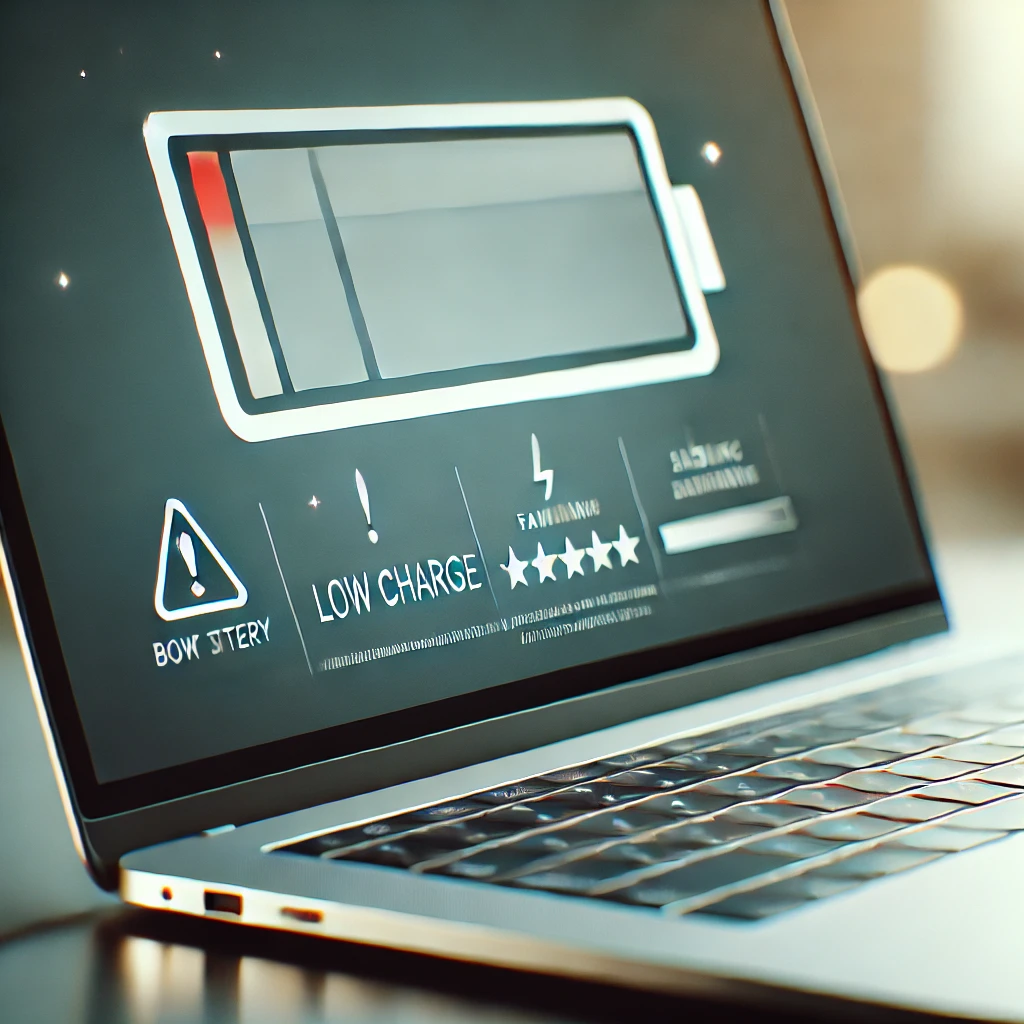 DALL·E 2024-12-27 12.00.14 – A close-up image of a laptop with a visible battery icon showing a low charge, and a warning symbol indicating a failing battery. The laptop is on a d
