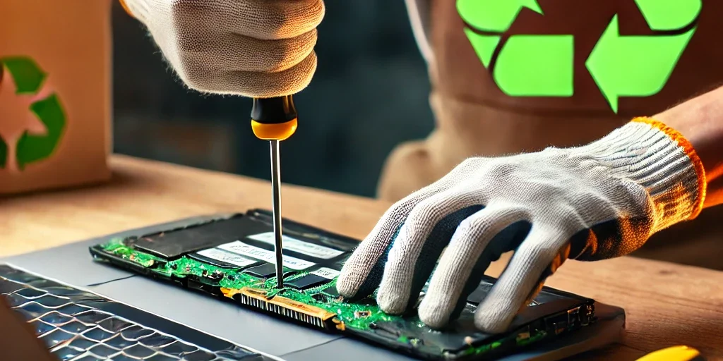 DALL·E 2024-12-27 13.17.52 – A person safely removing an old laptop battery, showing careful handling with gloves and a screwdriver, with a recycling symbol in the background, ind