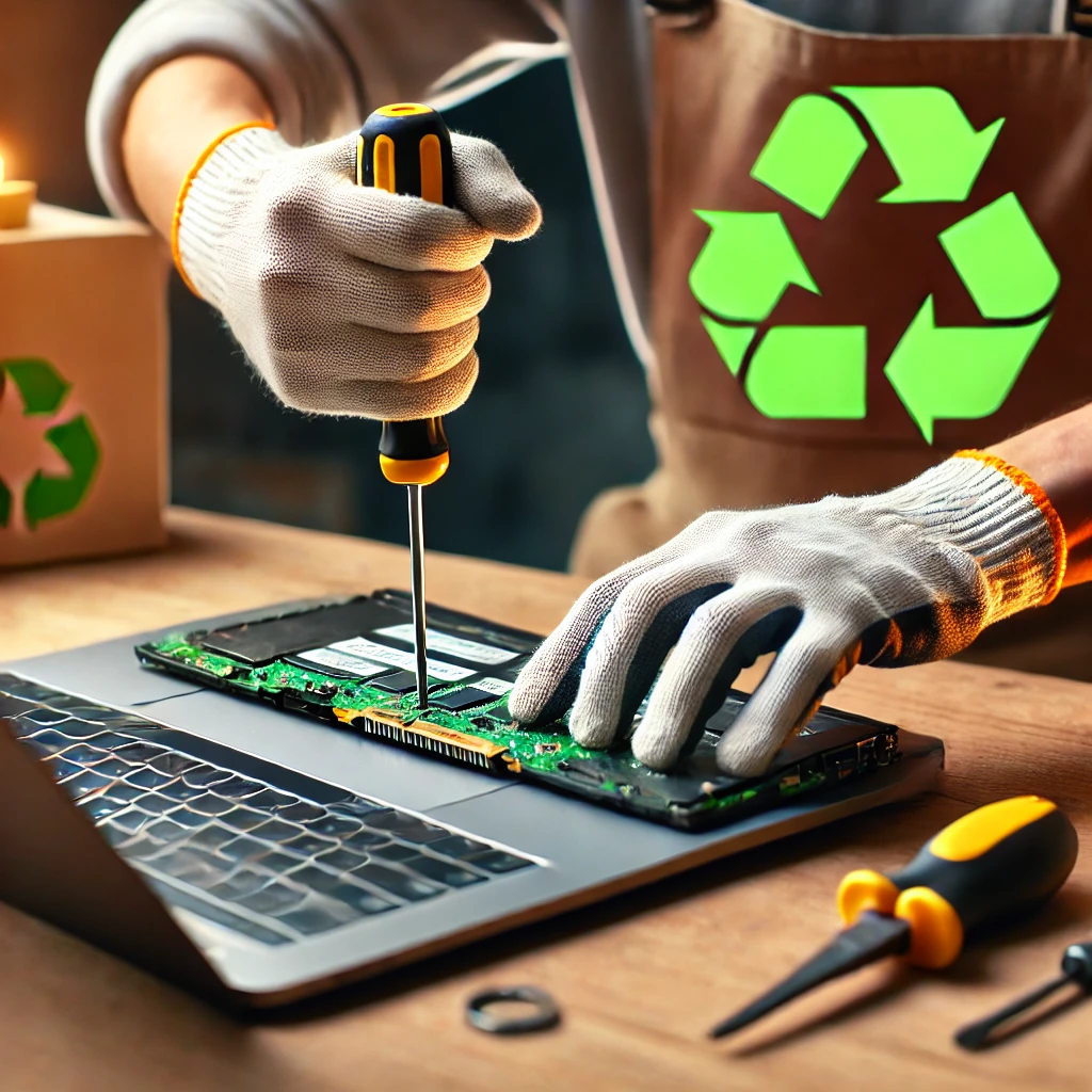 DALL·E 2024-12-27 13.17.52 – A person safely removing an old laptop battery, showing careful handling with gloves and a screwdriver, with a recycling symbol in the background, ind