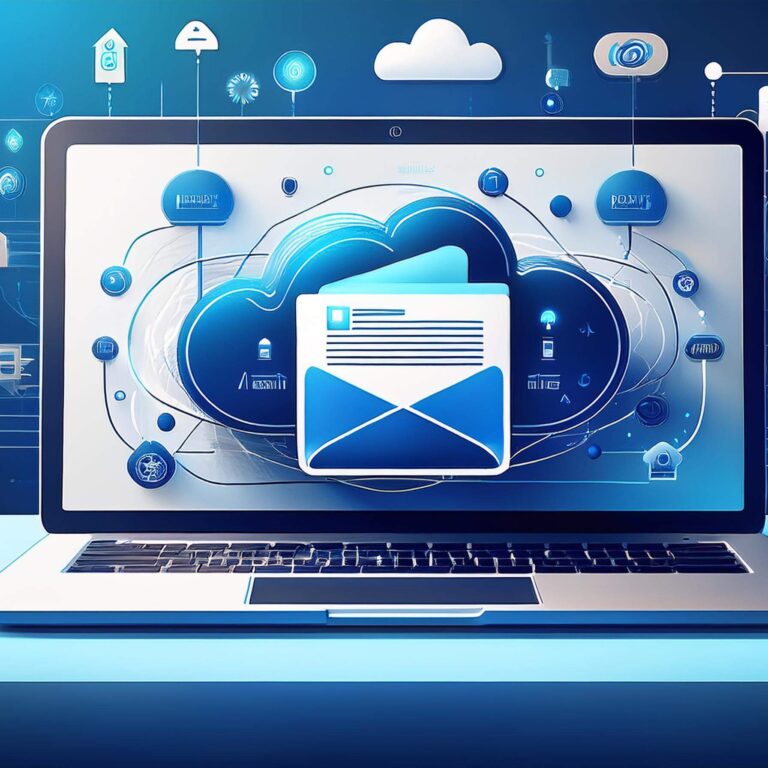 A laptop displaying cloud computing and email icons, surrounded by network symbols, representing digital communication and data exchange. A laptop displaying cloud computing and email icons, surrounded by network symbols, representing digital communication and data exchange.